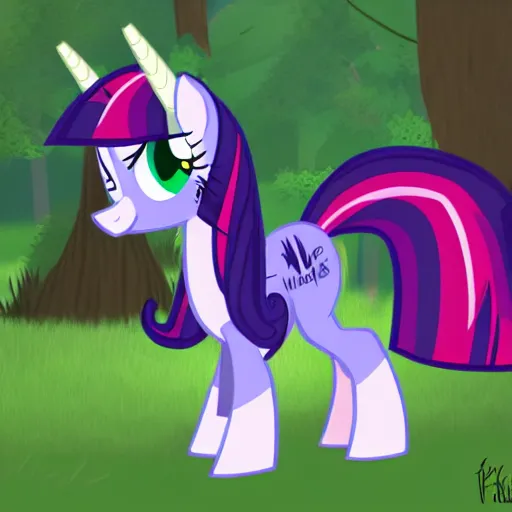 Prompt: photo of feral cryptid wild my little ponies twilight sparkle in the woods