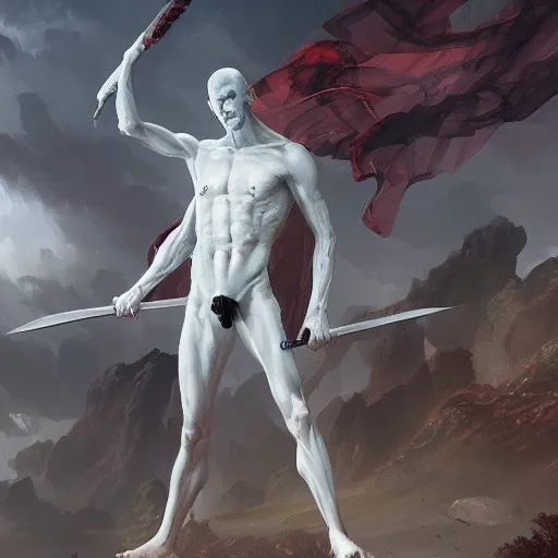 Image similar to wide shot, fantasy painting of a pale man with a black blade covered in runes, painted by Bayard Wu, ultra detailed, 8k, perfect