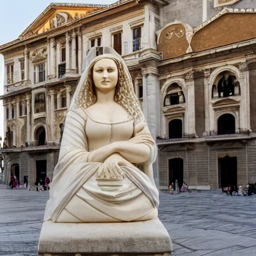 Prompt: A marble sculpture of The Mona Lisa in the middle of an empty Italian piazza, golden hour, 8k photograph, sunny day, low angle