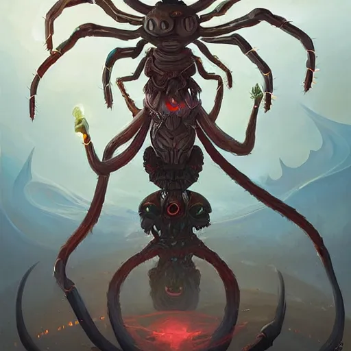 Image similar to portrait of a giant cosmic spider deity by peter mohrbacher and james gilleard