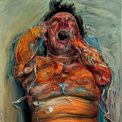 Prompt: high quality high detail painting of a man in agony by lucian freud and jenny saville and francis bacon, hd, anxiety, turquoise and orange