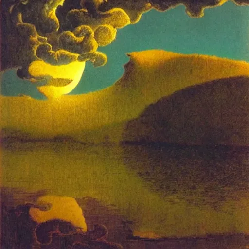 Image similar to river full of lightning, full moon, maxfield parrish, salvador dali