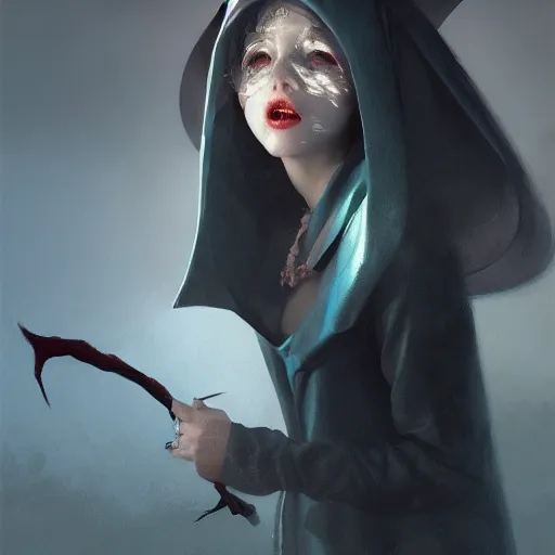 Image similar to a vampire showing her fangs, wearing a conical dunce cap and covering her eyes, ultra high detailed, oil painting, greg rutkowski, charlie bowater, yuumei, yanjun cheng, unreal 5, daz, hyperrealistic, octane render, rpg portrait, dynamic lighting