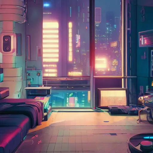 Image similar to the cyberpunk apartment, render, octane, 4k, highly detailed, vivid colors, high definition, by James Gilleard and Makoto Shinkai