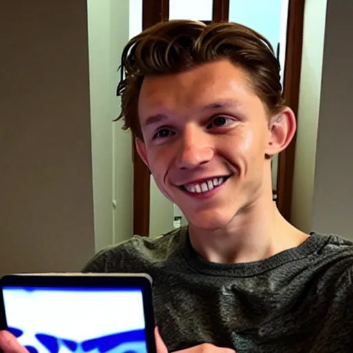 Prompt: a photo of tom holland thinks to write something on his tablet in his hand. he is smiling with his ideas