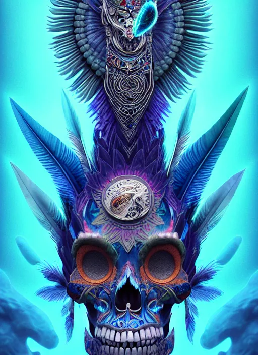 Image similar to 3 d shaman with tattoos profile portrait, sigma 5 0 0 mm f / 5. beautiful intricate highly detailed quetzalcoatl skull and feathers. bioluminescent, plasma, frost, water, wind, creature, gradient background, thunderstorm! artwork by tooth wu and wlop and beeple and greg rutkowski, 8 k trending on artstation,