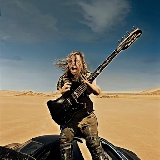 Prompt: guitar player on moving vehicle, Mad Max Fury Road