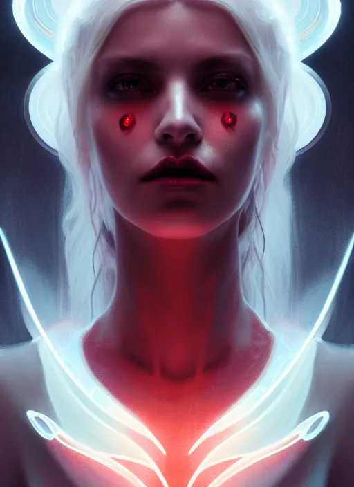 Prompt: symmetry!! portrait of a beautiful necromancer princess with white hair, sci - fi, glowing lights!! intricate, elegant, highly detailed, digital painting, artstation, concept art, smooth, sharp focus, illustration, blood red, ethereal, ominous, misty, octane render, by ruan jia and jeremy mann and alphonse mucha, 8 k