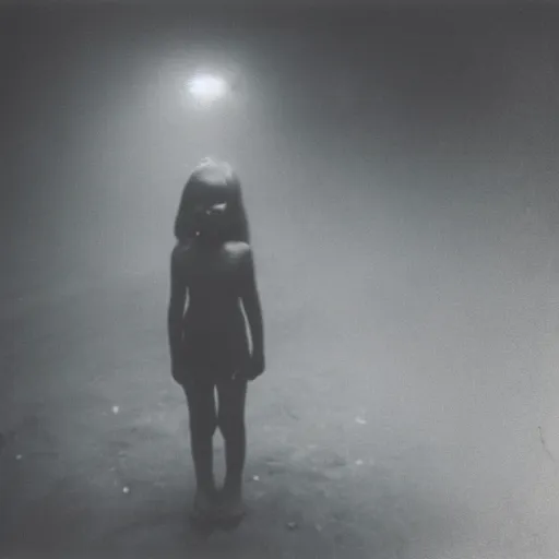 Prompt: Photograph of the creepy girl from Ringu, dark, no lights, moist, taken using a film camera with 35mm expired film, bright camera flash enabled, award winning photograph, creepy, liminal space