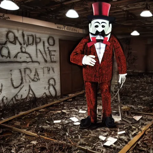 Prompt: Creepy Mr Monopoly animatronic, rusted and abandoned, far away, dark, ominous lighting