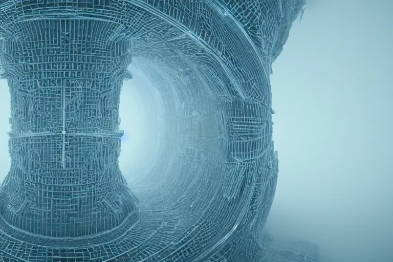 Image similar to a complex organic fractal 3 d ceramic humanoid megastructure, cinematic shot, foggy, photo still from movie by denis villeneuve