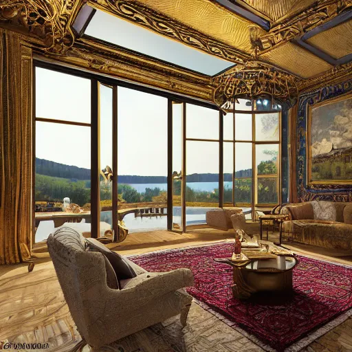 Image similar to a modern country house on the lake, golden hour, spotlight, backlight, sunlight, volumetric light, ray tracing reflections, insanely detailed and intricate, hypermaximalist, elegant, ornate, hyper realistic, super detailed