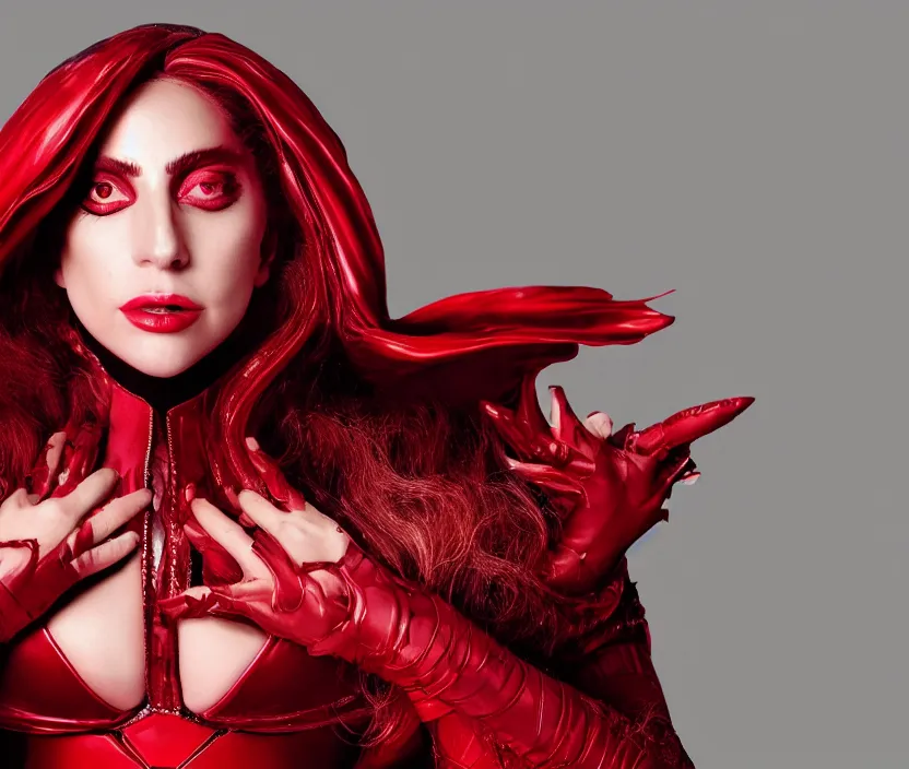 Image similar to photoshoot of lady gaga as the scarlet witch in wandavision , magazine, High resolution. Highly detailed. Dramatic. 8k.4k.