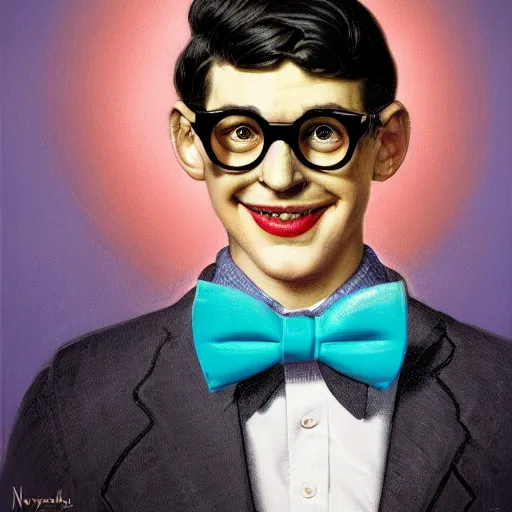 Prompt: low brow pop art surrealist portrait of super happy sodajerk character, wearing glasses and a large bowtie, cinematic, soft lighting, vibrant colors, subsurface scattering, by norman rockwell, tom bagshaw, mark ryden, greg rutkowski, 8 k