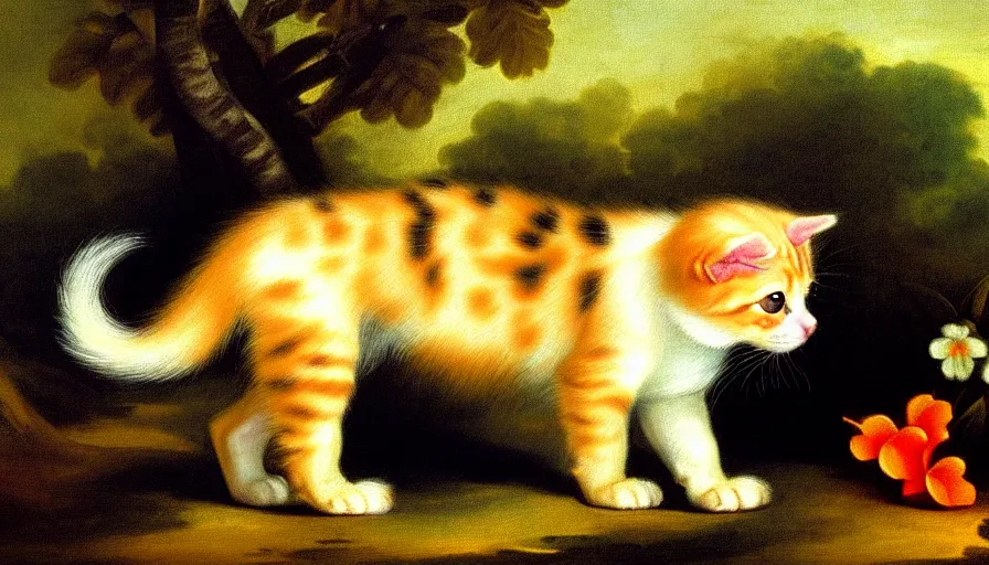 Prompt: a tropical dog kitten in the style of francisco goya, 4 k resolution, tropical background, tropical