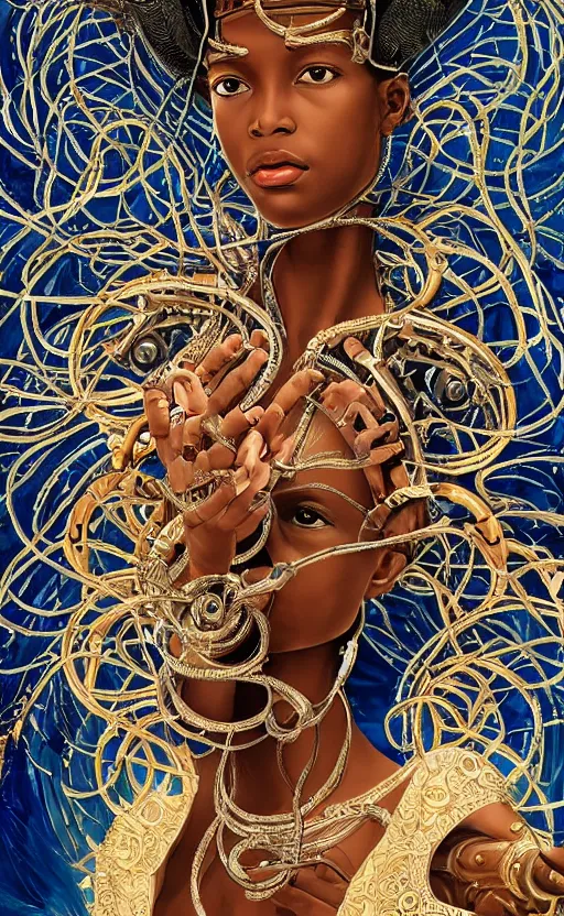 Prompt: beautiful mural of the young cyborg african girl, piercing glowing eyes, elegant, futuristic royal gown, detailed ornaments, striking composition, highly detailed ornate sci fi background, vogue poses, striking composition, highly detailed ornate sci fi background, vivid details, amalgamation of nature and technology, wires, glowing tubes, beautiful composition, mural in the style of sandro botticelli, caravaggio, albrecth durer, 8k