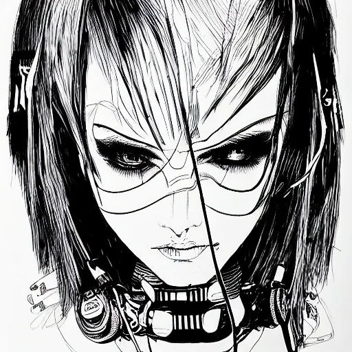 Image similar to punk robot girl, face portrait by makoto kobayashi and nihei tsutomu, pen sketch on paper, mechanical, cables