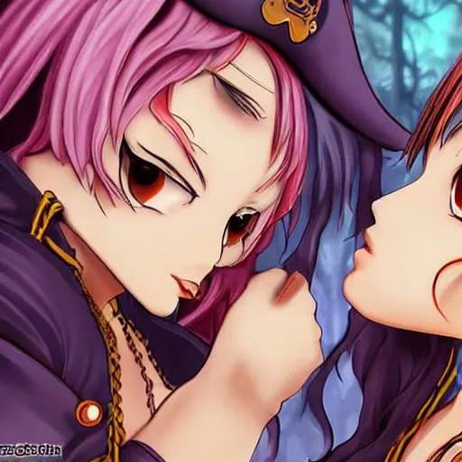 Prompt: a serious stare down between two beautiful pirate girls standing face to face, detailed anime art