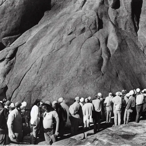 Image similar to paleozoic by ansel adams ultradetailed. a beautiful photograph of a group of people standing in a line. they are all facing the same direction & appear to be waiting for something.