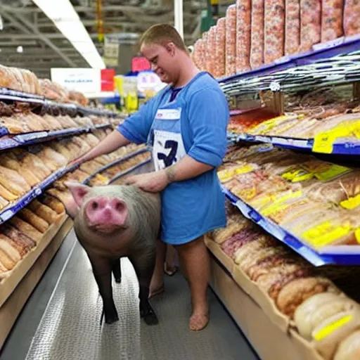 Image similar to photo of a pig shopping for sausages in WalMart