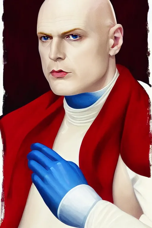 Prompt: a bald pale white man in his late ninetees. stately and dour in his expression. eyeliner accentuates his sunken eyes. a high black turtleneck covers his thin neck. opulent white golden red robe with blue and red. white leather gloves with gold decoration, sharp focus, illustration, digital painting, art by magali villeneuve