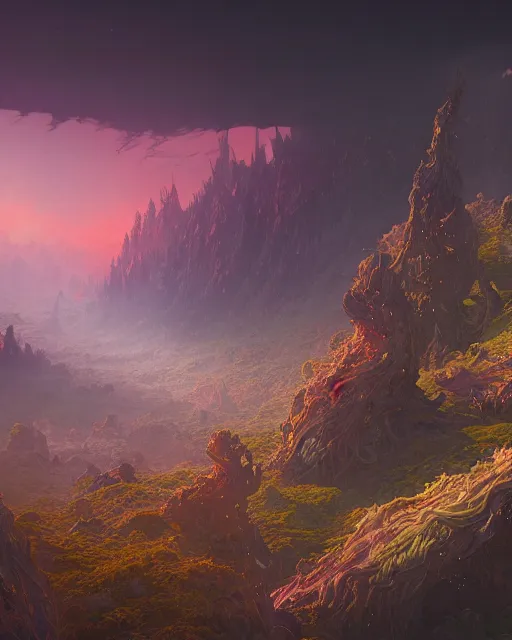 Image similar to highly detailed vfx landscape of hell, stephen bliss, unreal engine, greg rutkowski, loish, rhads, beeple, makoto shinkai and lois van baarle, ilya kuvshinov, rossdraws, tom bagshaw, alphonse mucha, global illumination, detailed and intricate environment