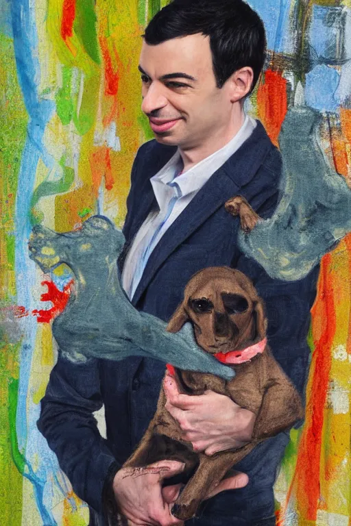 Prompt: painting by jon hale of nathan fielder holding pupper strings, masterminding, paint streaks, action lines!!!, visible texture, blurry, blurred