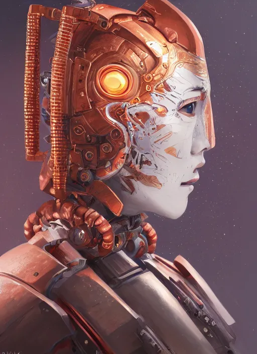 Image similar to a beautiful detailed oil on copper art illustration of a japanese samurai mecha mask woman, centered, by charlie bowater, zeng fanzh, trending on artstation, dim dusk lighting, cinematic lighting, detailed lighting, volumetric lighting, realistic, f 8, 4 k hd wallpaper