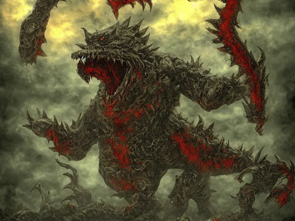 Image similar to demonic Kaiju Bowser roaring into the sky, muscular arms, standing upright, talons, horns, super Mario, horror, Cthulhu, silent Hill landscape, highly detailed, ruined kingdom