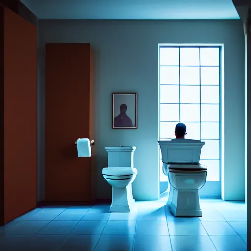 Image similar to Digital art High detailed Dr.Manhattan in Ukrainian village house by Taras Shevchenko, siting on a toilet, photorealism, by Beeple,8K,Pentax 67, Kodak Portra 400, rendered in Octane render