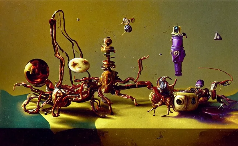 Image similar to strange fragile robot body, disturbing colorful oil painting dutch golden age vanitas still life sparse composition with bizarre objects strange gooey transparent surfaces shiny metal reflections bizarre mutant meat insects rachel ruysch dali todd schorr very detailed perfect composition rule of thirds masterpiece canon 5 0 mm, cinematic lighting, photography, retro, film, kodachrome