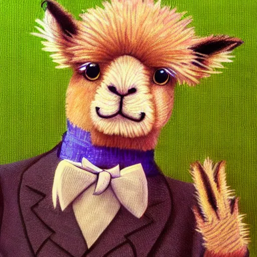 Image similar to cute alpaca wearing a tuxedo by Hayao Miyazaki, beautiful, colorful
