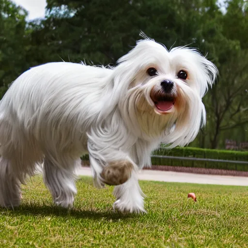 Image similar to a photograph of ellie the maltese playing at the park, hyperrealism, photo realistic, canon pro