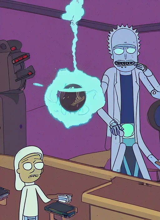 Image similar to an artificial intelligence in a robot exploding why studying how human hands look, rick and morty art style illustration, justin roiland, dan harmon, location is a science fiction planet