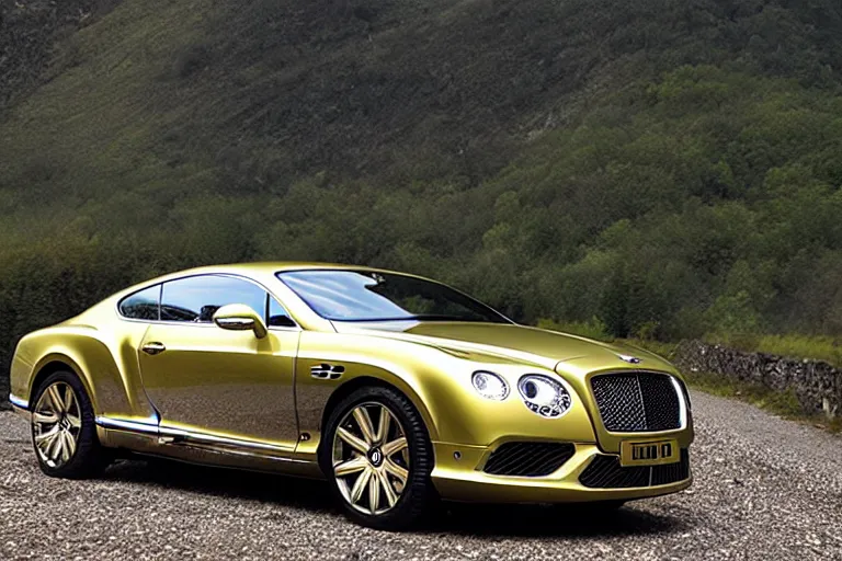 Image similar to Bentley Continental GT in shiny gold film drives along old Russian village road