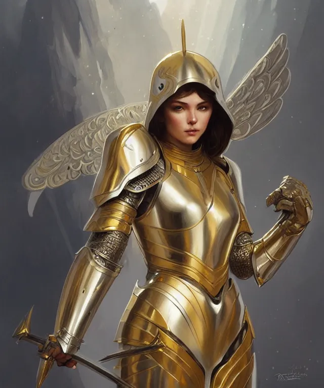 Image similar to Female knight angel in gold and silver armor, highly detailed, digital painting, artstation, concept art, smooth, sharp focus, illustration, art by artgerm and greg rutkowski and alphonse mucha