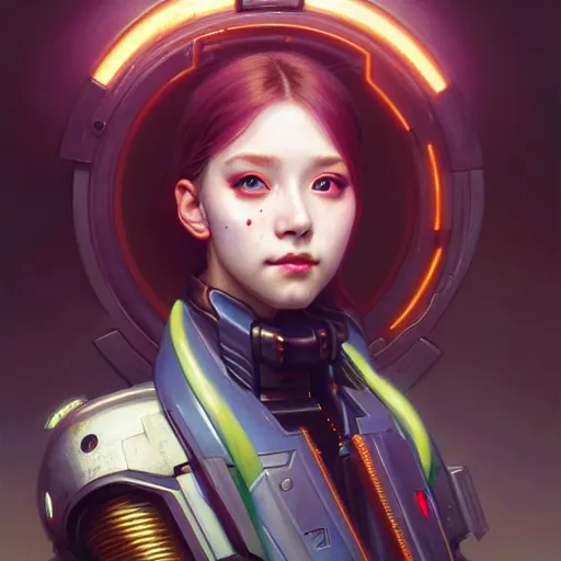 Image similar to portrait painting of cyberpunk chuu loona as a cheerful smiling mercenary, ultra realistic, concept art, intricate details, eerie, highly detailed, photorealistic, octane render, 8 k, unreal engine. art by artgerm and greg rutkowski and magali villeneuve and alphonse mucha