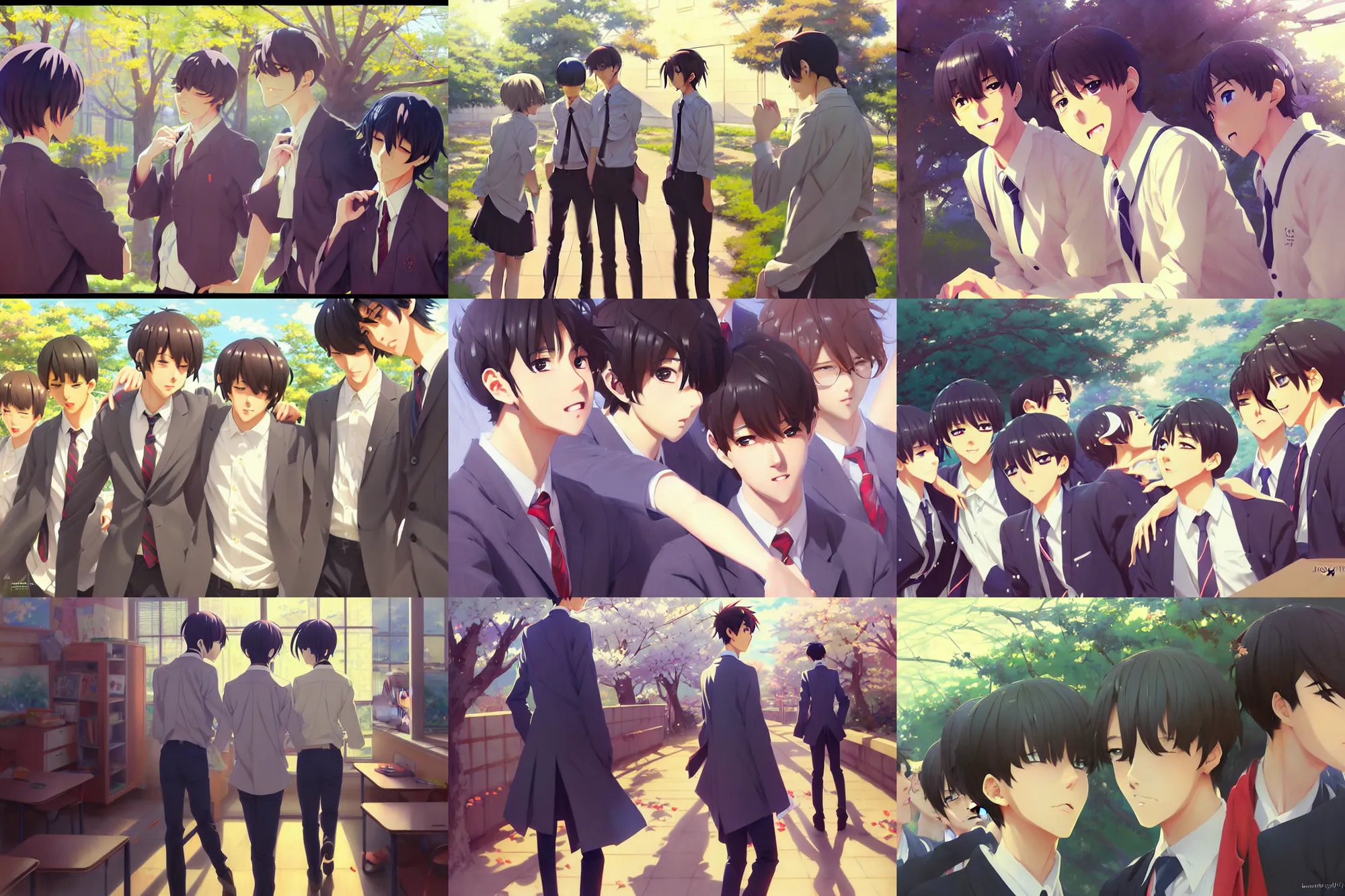 Prompt: boy's love anime high school classroom spring noon scene, high detail concept art, perfect proportions fine face, tall handsome guys, close together romantic undertones, avant designer uniform, vivid colors, realistic shaded lighting poster fantasy art artgerm, kyoani, katsuhiro, jeremy lipking and michael germash, makoto shinkai, loish, best selling