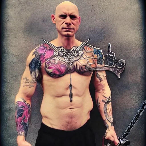 Image similar to muscular bald man, tattooed body, sword in hands, HD, anime style,