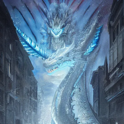 Image similar to An epic scene of a beautiful blue dragon on the snowy streets of the mythical city made of water and ice, reflections, sparkle, a fantasy digital painting, artstation, concept art, sharp focus, illustration, art by greg rutkowski and alphonse mucha, hyperdetailed, 8k