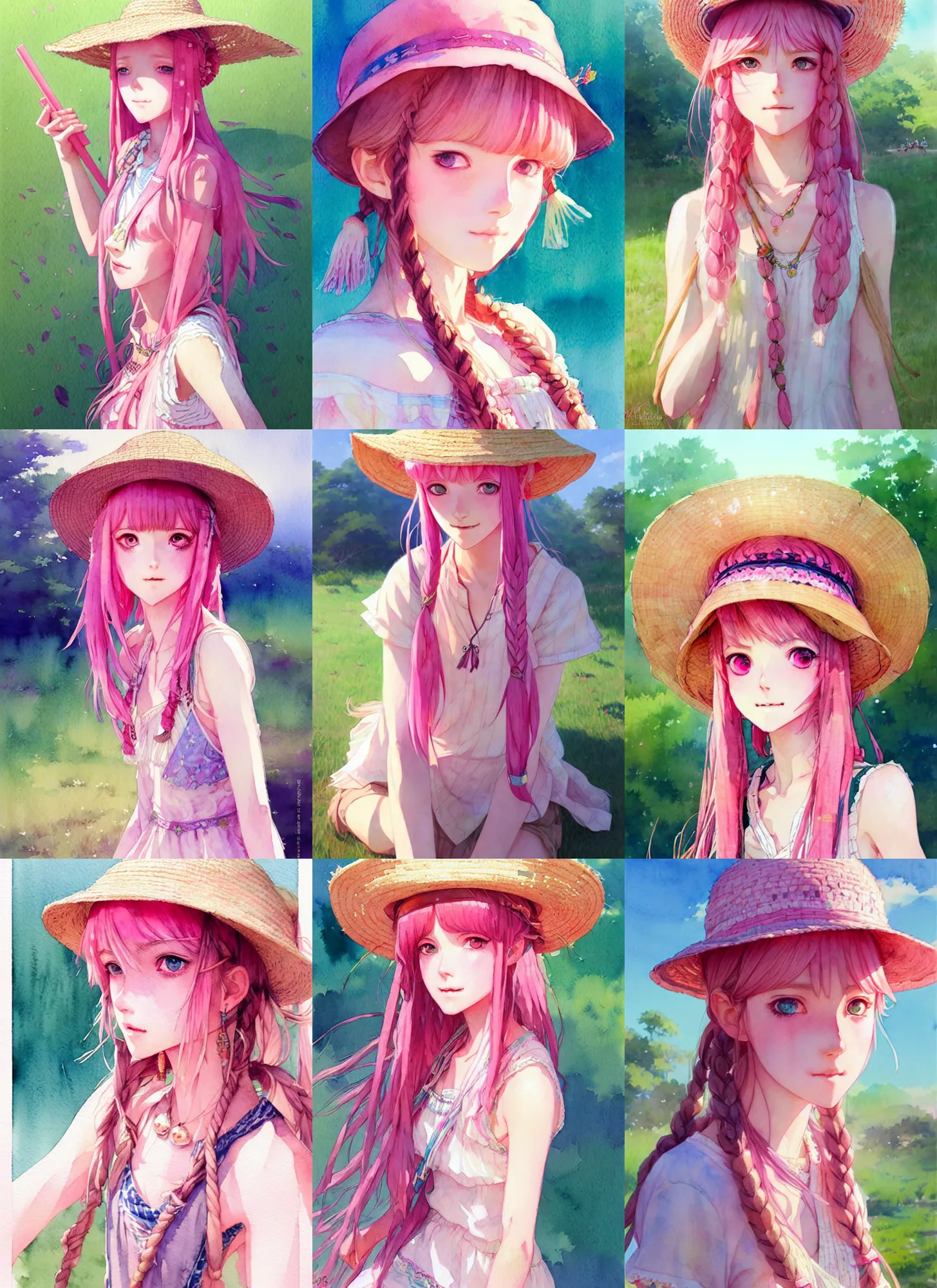 Prompt: portrait of a cute girl with pink hair with straw hat dress in boho style camping, symmetry face, top lighting, highly detailed, ( watercolor ), art by hidari and krenz cushart and wenjun lin and starember