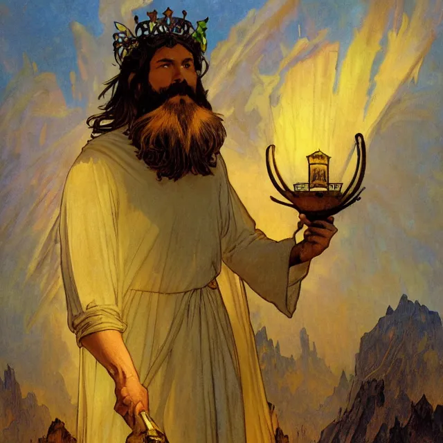 Image similar to an aesthetic! a detailed portrait of a man in a long beard, with a crown, holding a lantern with mountains of gold in the background, black birds flying overhead!! by frank frazetta and alphonse mucha, oil on canvas, art nouveau dungeons and dragons fantasy art, hd, god rays, ray tracing, crisp contour lines, huhd