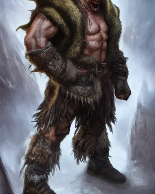 Image similar to A full body shot of a handsome orc looking into the camera wearing a leather fur jacket and boots, full body shot, detailed face, artstation, realistic, highly detailed, symmetrical, hyper realistic, dynamic pose, high detail, octane render, unreal engine, 8k, fantasy art, highly detailed, concept art