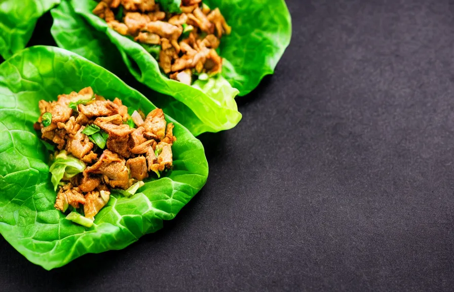 Prompt: food photography of chicken lettuce wraps, rule of thirds with golden ratio, minimalistic side view high bokeh, cinematic studio lighting