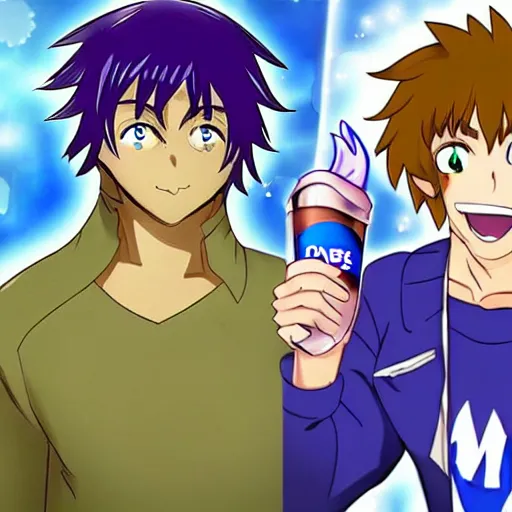 Image similar to anime, shaggy god vs pepsi man