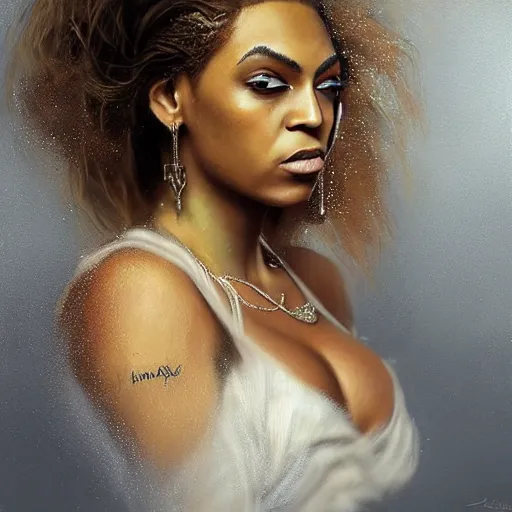 Image similar to sad flirtatious Beyonce, painted by michael karcz