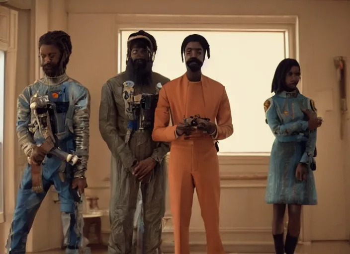 Prompt: first official image from wes anderson's new space opera film starring lakeith stanfield and grimes. shot on alexa mini, stunning cinematography, filmgrain, kodak vision 2 0 0 t, shot composition