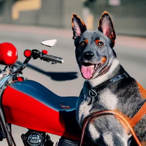 Image similar to blue heeler dog on a motorcycle, 8 k photography, blurred background of a wafflehouse