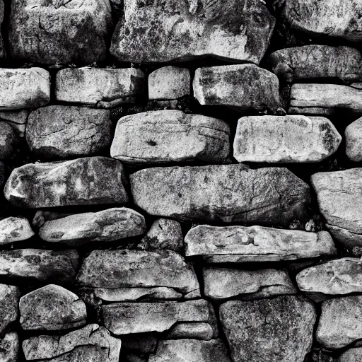 Prompt: a stone wall, height map, black and white
