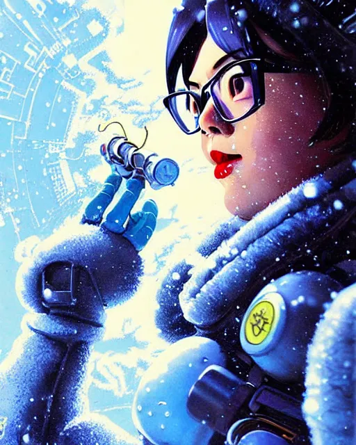 Image similar to mei from overwatch, character portrait, ice, cold, snow, sci - fi suit, portrait, close up, concept art, intricate details, highly detailed, vintage sci - fi poster, retro future, in the style of chris foss, rodger dean, moebius, michael whelan, and gustave dore